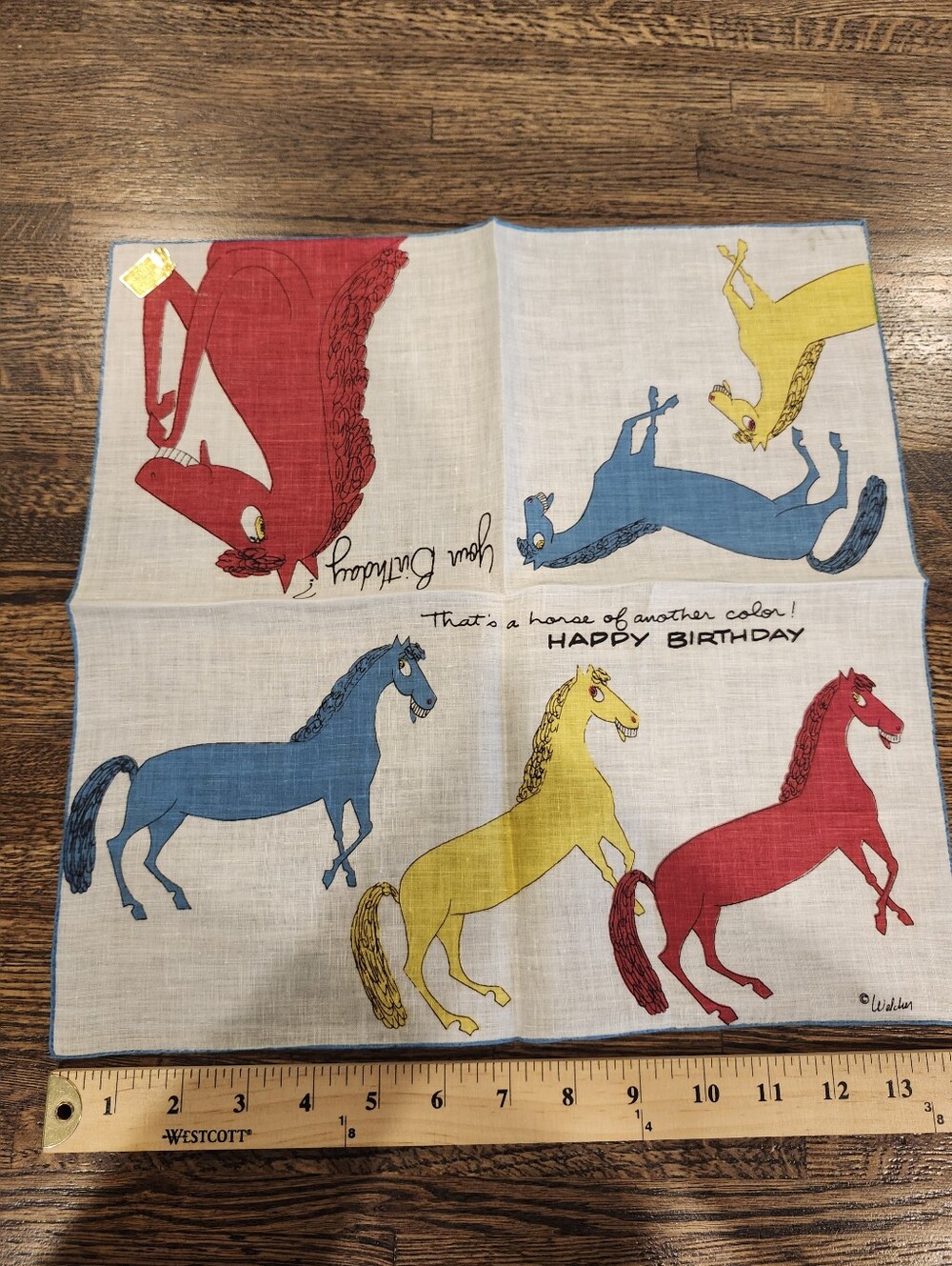 Vibrant NWT Vintage Colored Horse Birthday 1960's MCM Cotton Handkerchief 14x14.